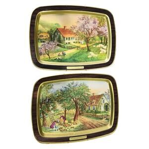 Vintage Currier & Ives 1868 American Homestead Spring, Autumn Gold Serving Trays